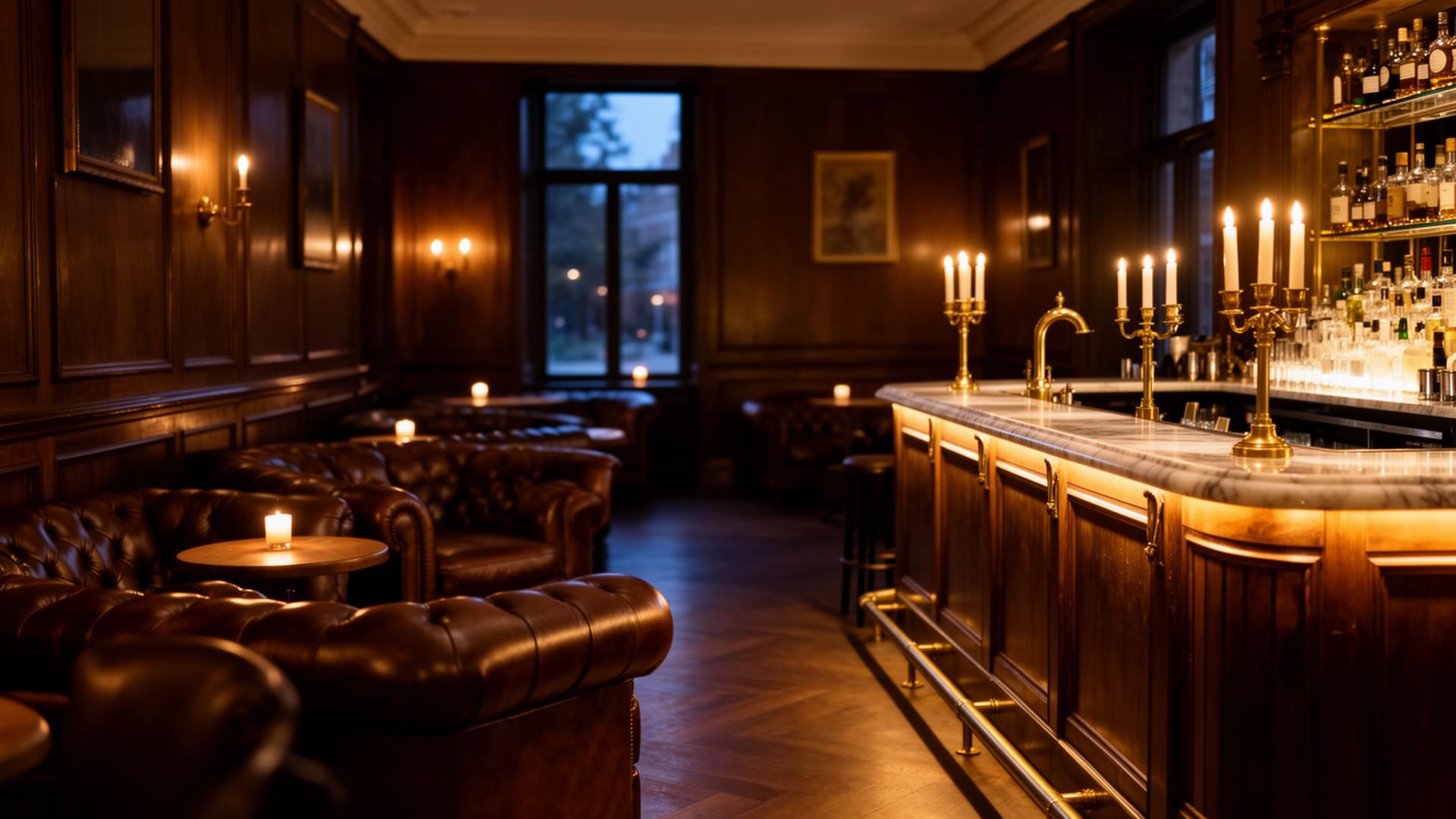 A refined private members club interior at dusk